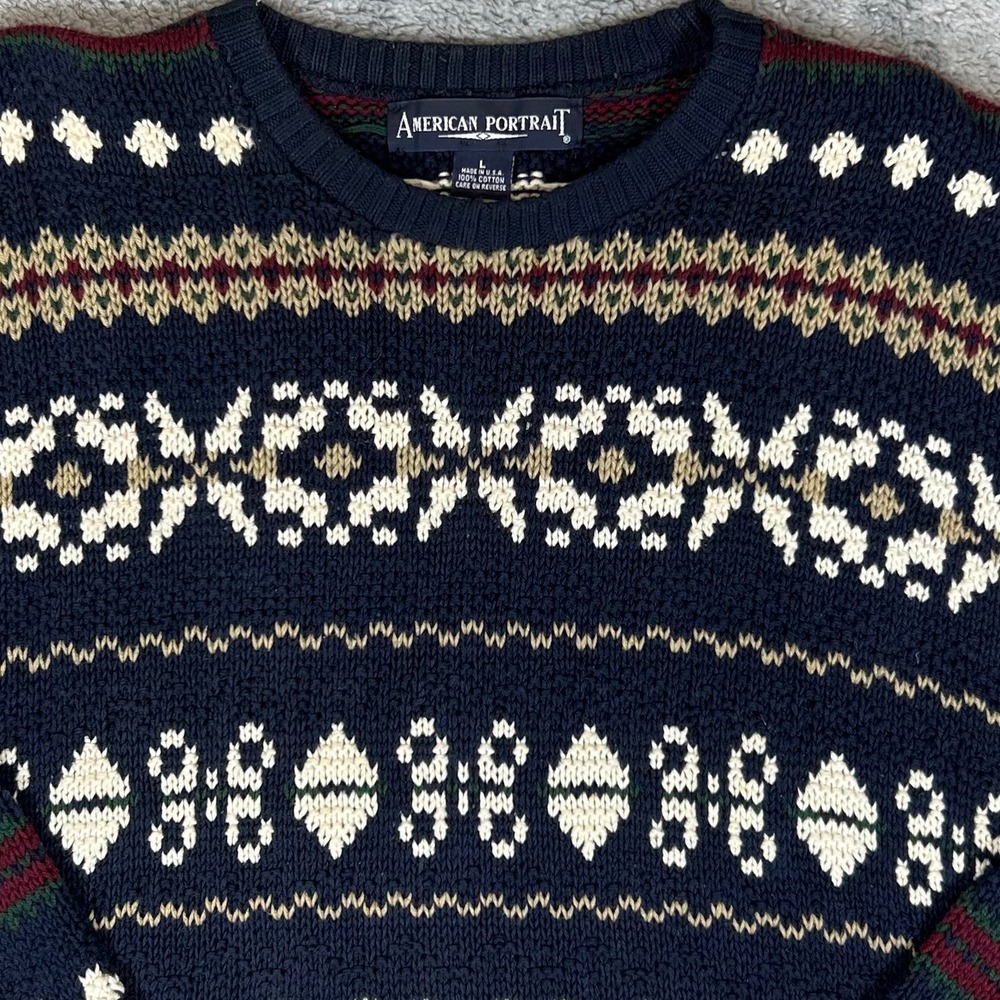 American Portrait Mens Vintage Fair Isle Cotton Knit Sweater Navy Blue Large USA